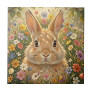 Carreau Lapin mignon dans une prairie de fleurs vibrantes