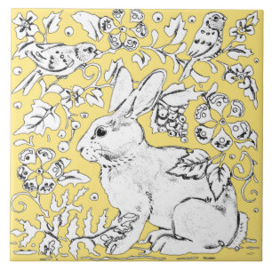 Carreau Lapin mignon dessin sur Jaune, Flore d'oiseaux