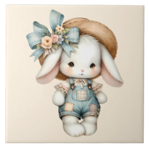 Carreau Lapin mignon en salopette avec chapeau de paille e