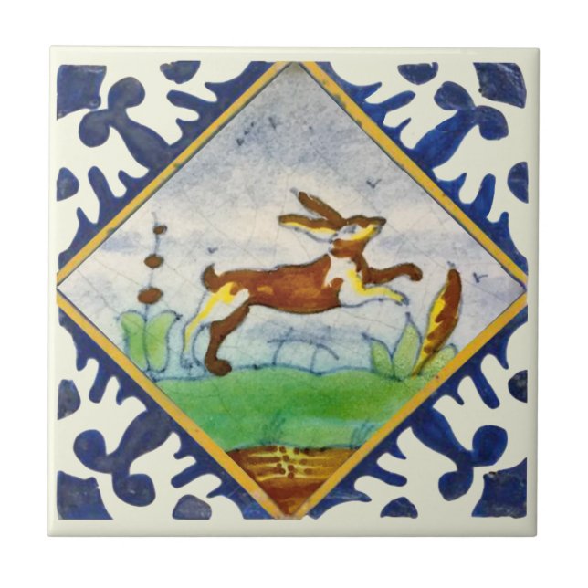 Carreau Lapin Rabbit 1650s Delft Polychrome Repro (Devant)