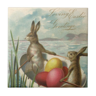 Carreau Lapins de Pâques vintage dans un bateau avec des œ