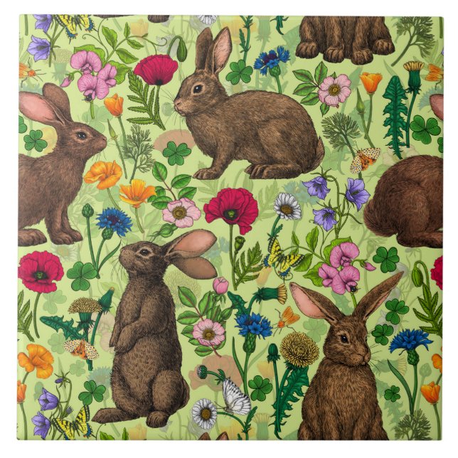 Carreau Lapins et fleurs sauvages sur le vert miel (Devant)