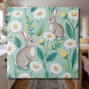 Carreau Lapins Mignons Assis Parmi les Pâquerettes Blanche