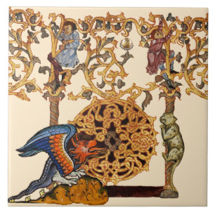 Carreau LARGE BESTIAIRE MÉDIÉVAL Dragon et chat