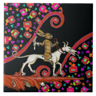 Carreau LARGE BESTIAIRE MÉDIÉVAL Lapin chevauchant un chie