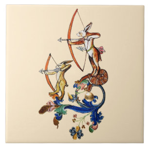 CARREAU LARGE GUERRE BESTIAIRE MÉDIÉVALE, RABBITS ARCHERS