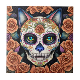 Carreau L'art crâne de sucre rencontre le chat crâne de su