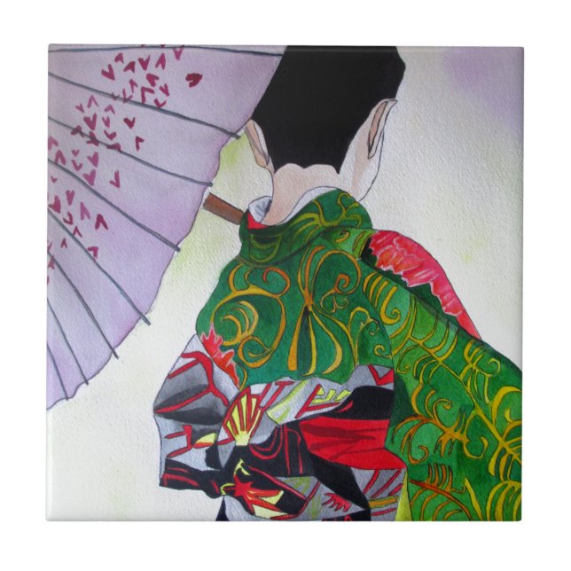 Carreau L'art Geisha japonais avec kimono et parapluie (Devant)
