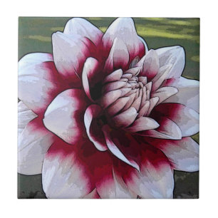 Carreau Le BH tuile florale de dahlia rouge et blanc