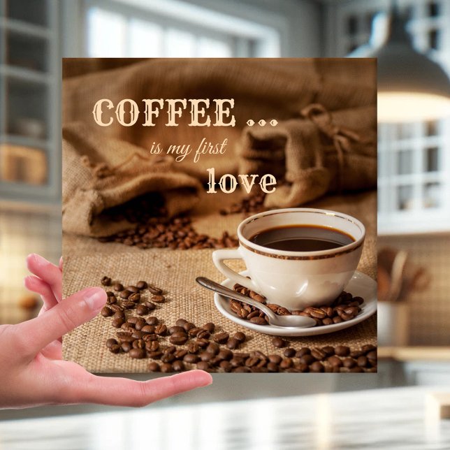 Carreau Le café est mon premier Love Kitchen Tile (A retro rustic design tile featuring a coffee on burlap with coffee beans - kitchen - café)