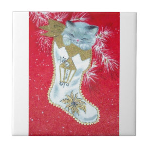 Carreau Le chaton de Noël de la moitié du siècle vintage