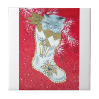 Carreau Le chaton de Noël de la moitié du siècle vintage