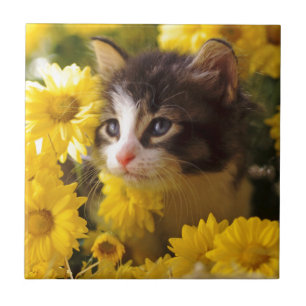 Carreau Le chaton renifle les marguerites jaunes