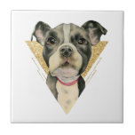 Carreau Le "chiot observe" l'aquarelle de chien de pitbull<br><div class="desc">C'est une peinture d'aquarelle d'un chiot noir et blanc de pitbull. C'est une fin du chien avec de grands yeux de regard pleins d'espoir. J'ai ajouté un cadre de triangle à l'arrière-plan des parties scintillantes d'or de faux.</div>