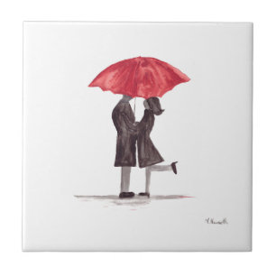 Carreau Le couple romantique de Saint Valentin avec parapl