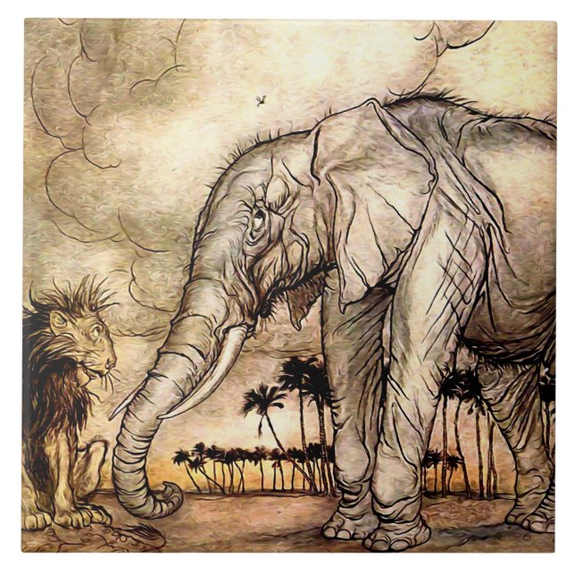 Carreau « Le Lion et l'Éléphant » par Arthur Rackham (Devant)