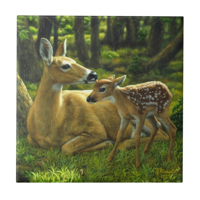 Carreau Le printemps blanc Fawn et la mère Deer (Devant)