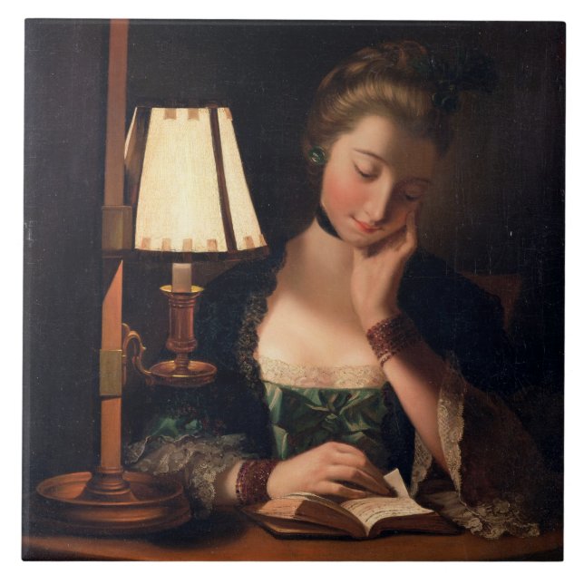 Carreau Lecture de femme par une nuance de Papier-cloche, (Devant)