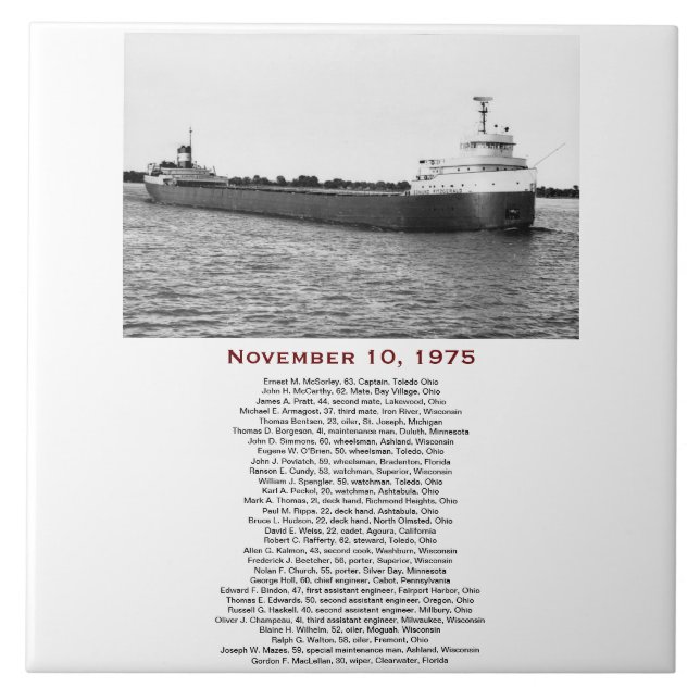Carreau L'Edmund Fitzgerald avec les noms de l'équipage (Devant)