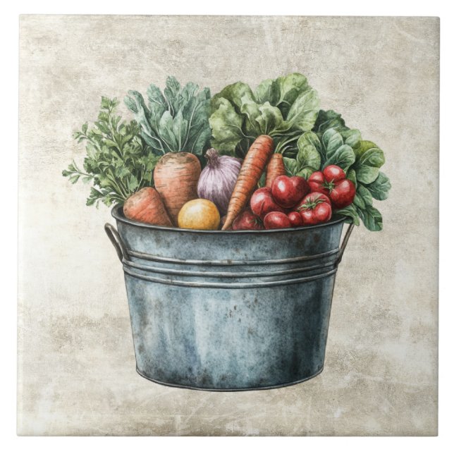 Carreau Légumes aquarelle rustique dans un seau  (Devant)