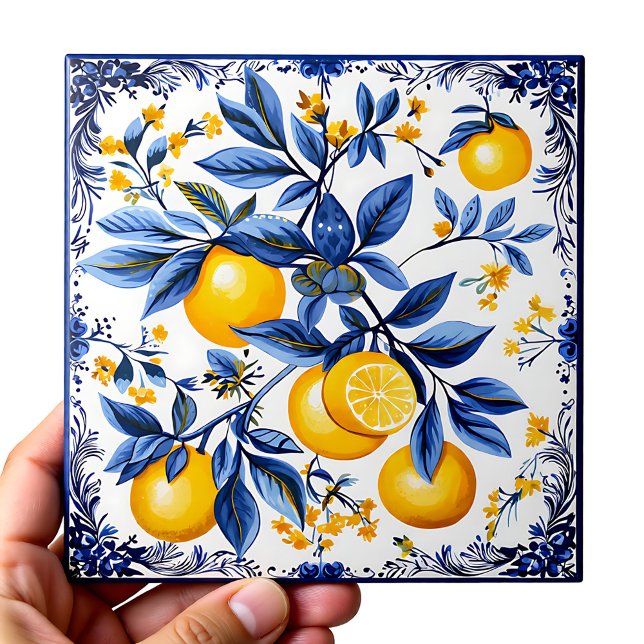Carreau 🍋 Lemon Azulejo avec éléments bleus (🍋 Lemon Azulejo with blue elements Ceramic Tile)