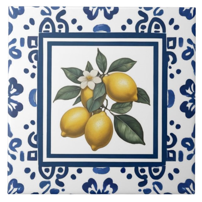 Carreau Lemons Blue and White Tribal Folk Art Pattern (Devant)