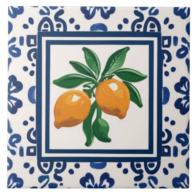 Carreau Lemons Blue and White Tribal Folk Art Pattern (Devant)