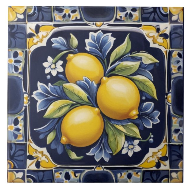 Carreau Lemons Mediterranean Dark Blue Italian Folk Art (Devant)