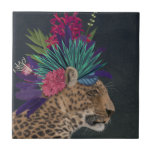 Carreau Leopard avec tête tropicale<br><div class="desc">Hot House Leopard 1 par Fab Funky. Un léopard repose avec des fleurs tropicales et de la verdure sur la tête comme un chef-d'oeuvre. | 192441GG</div>