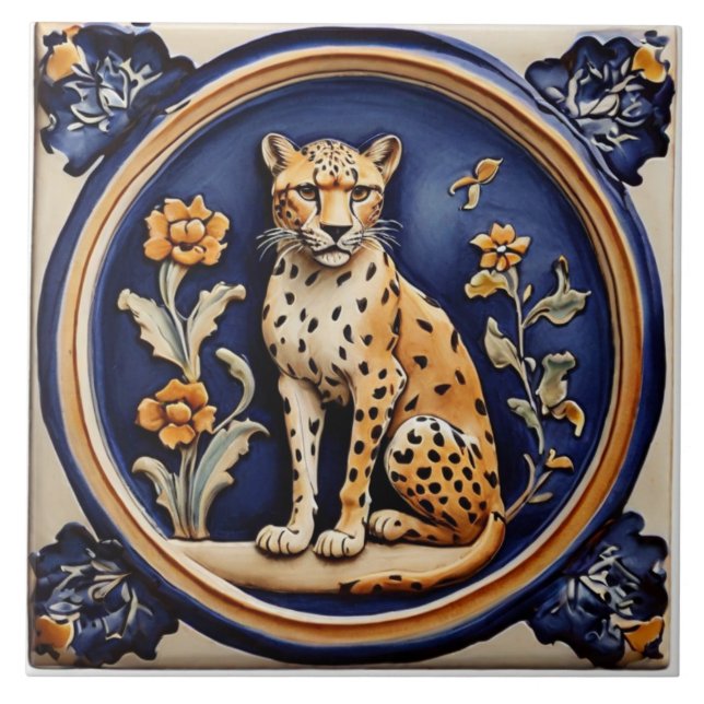 Carreau Leopard Cheetah & Fleurs Bleu foncé Antique (Devant)