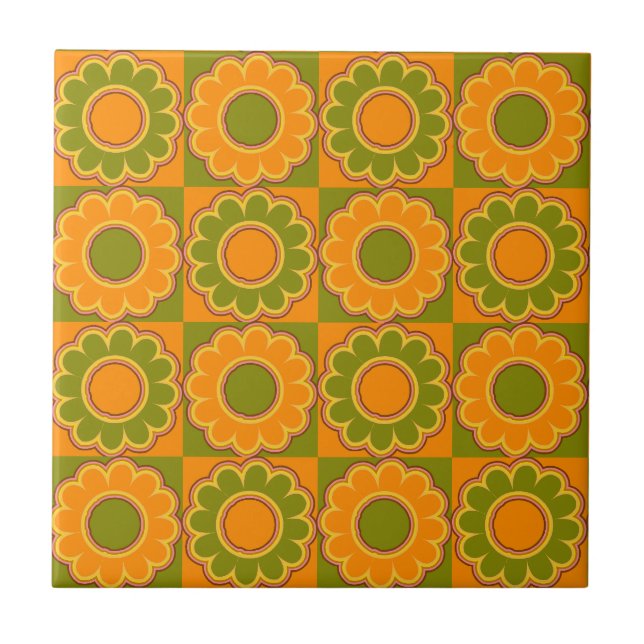 Carreau les années 1970 flower power orange et vert olive (Devant)