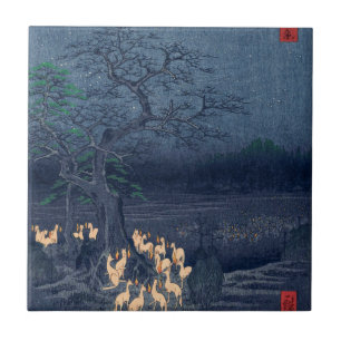 Carreau Les renards au sanctuaire de nuit Ukiyo-e Art japo