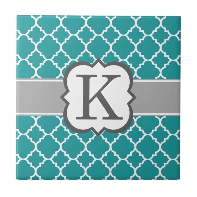 Carreau Lettre bleue turquoise K Quatrefoil de monogramme (Devant)