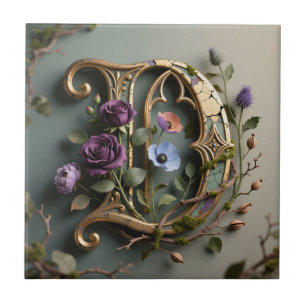 Carreau Lettre D en or avec patine florale gothique