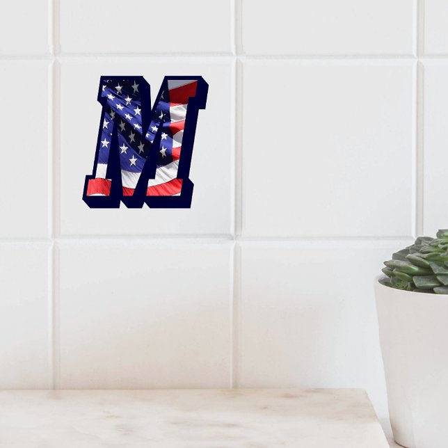 Carreau LETTRE Drapeau AMÉRICAIN "M" GRANDE TAILLE EN Céra (American Flag Letter "M" Large Photo Ceramic Tile)