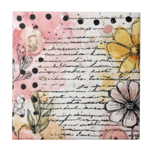 Carreau Lettre florale vintage avec fleurs roses et jaunes