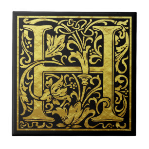 Carreau Lettre H Première lettre Faux Gold Black