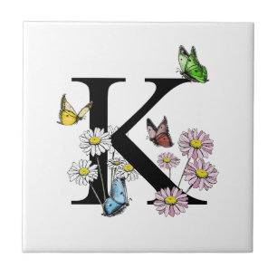 Carreau Lettre K Floral Aquarelle Papillon Monogramme