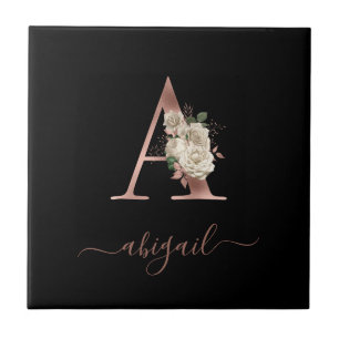 Carreau LETTRE MONOGRAPHIQUE D'OR Rose Floral "A" Noir