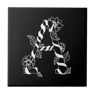 Carreau LETTRE NOIRE ET BLANCHE "A" AVEC FLEURS Jumelantes