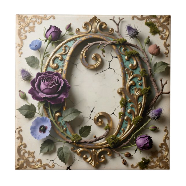 Carreau Lettre O Antique à Patine Dorée Florale (Devant)