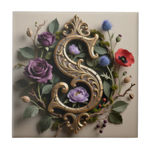 Carreau Lettre S dorée antique florale gothique
