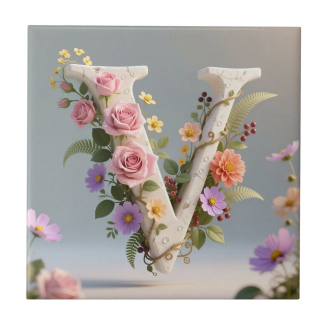 Carreau Lettre V Monogramme Texturé Floral Blanc (Devant)