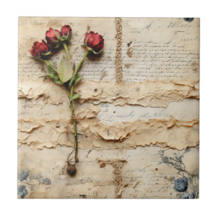 Carreau Lettre vintage d'amour parchemin avec fleurs (2)