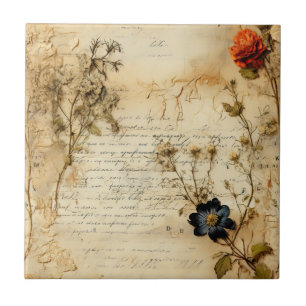 Carreau Lettre vintage d'amour parchemin avec fleurs (5)