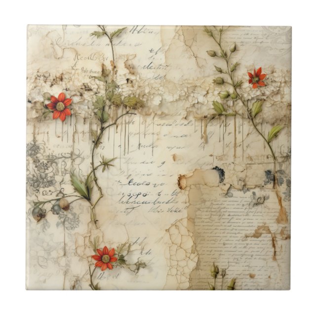 Carreau Lettre vintage d'amour parchemin avec fleurs (6) (Devant)