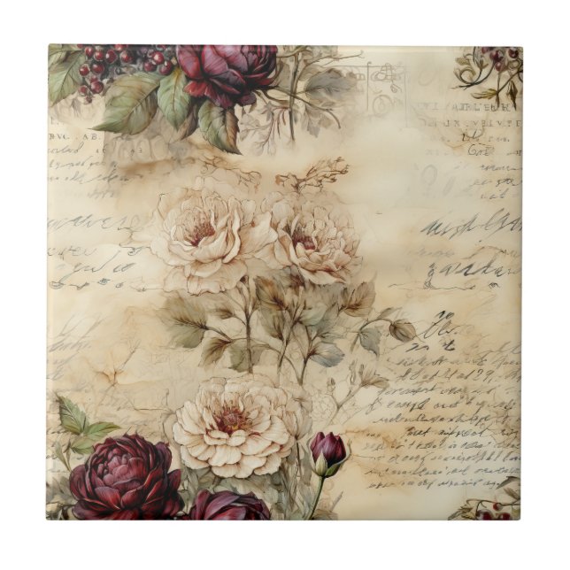 Carreau Lettre vintage d'amour parchemin avec fleurs (7) (Devant)