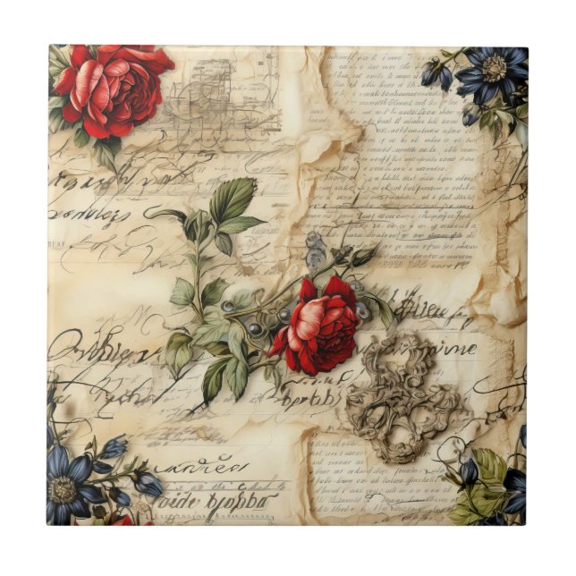 Carreau Lettre vintage d'amour parchemin avec fleurs (9) (Devant)