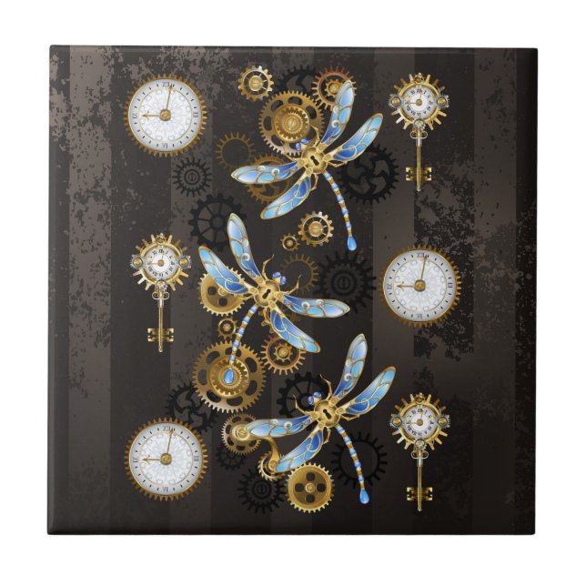 Carreau Libellules Steampunk sur fond rayé marron (Devant)