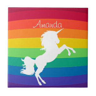 Carreau Licorne blanche personnalisée motif arc-en-ciel su